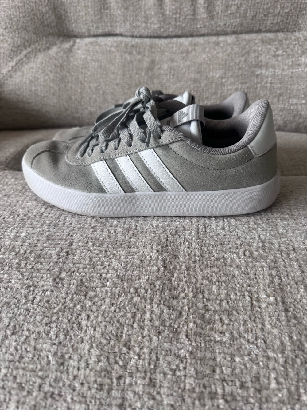 adidas VL Court 3.0 Women’s Light Gray Suede Sneakers with White Stripes